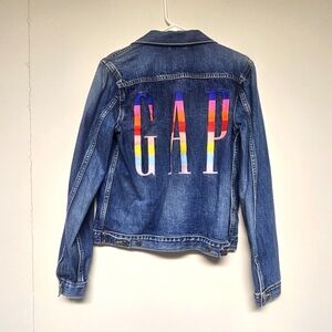 GAP Embroidered Colorful Denim Jean Jacket Preppy Bohemian Y2K